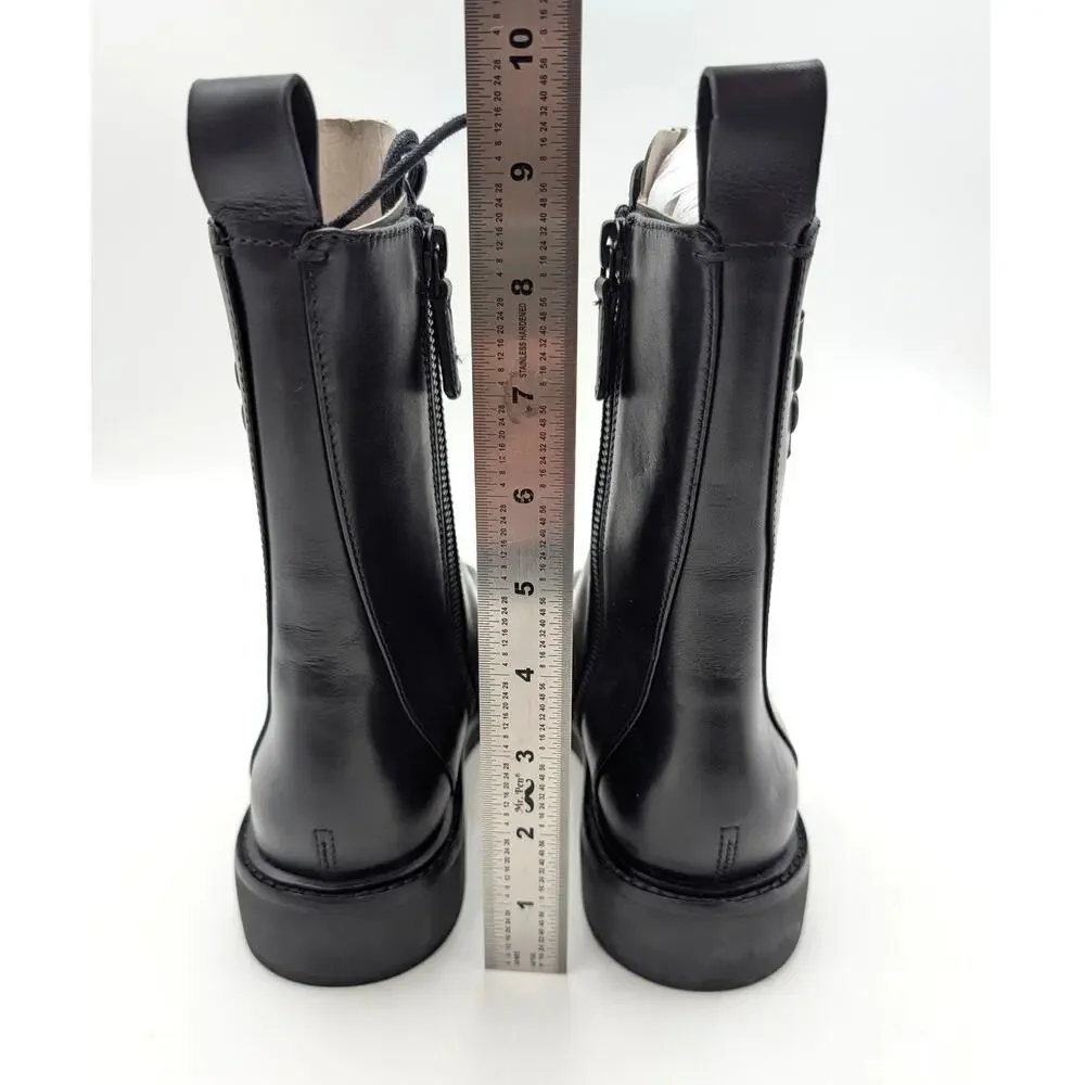 Tory Burch Double-T Lace-Up Combat Boots Women's Black Size US7M EU37.5